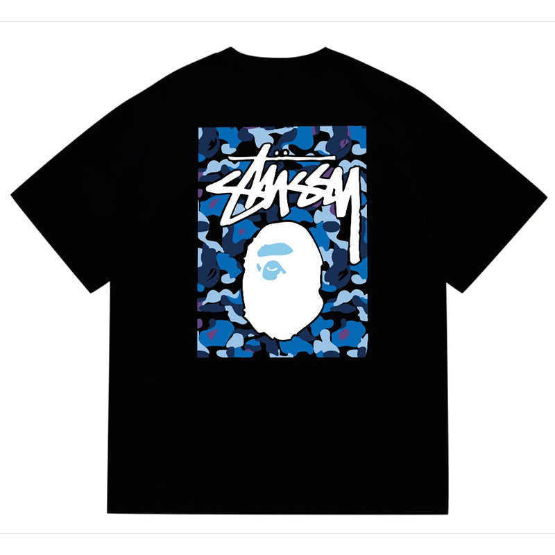 BAPE x Stussy Blue Camo Back Print Men's T-Shirt - Black