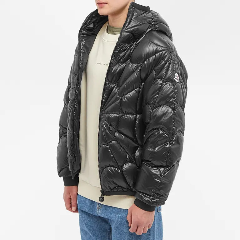 Moncler Black Glossy Spider Web Quilted Hooded Down Jacket