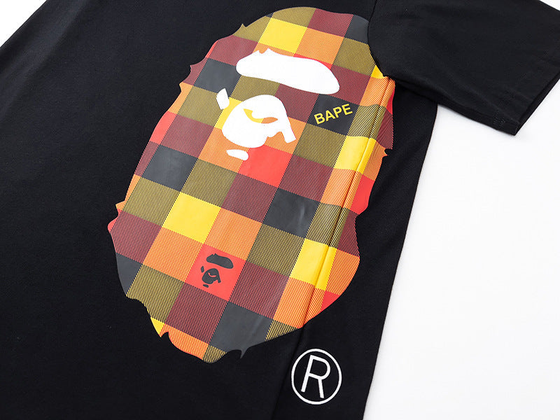 BAPE Multicolor Plaid Side Ape Head Men's T-Shirt - Black