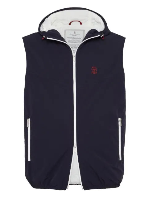 Brunello Cucinelli bonded nylon hooded vest with Thermore® padding and logo