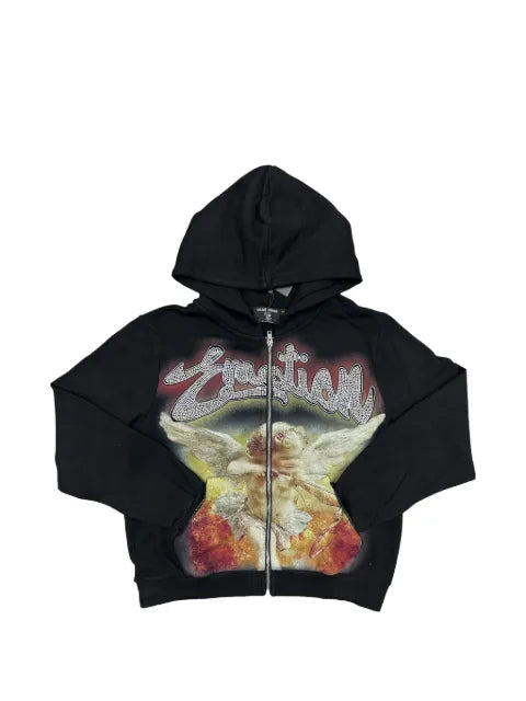 Mixed Emotion Rhinestone graphic-print zip-up hoodie