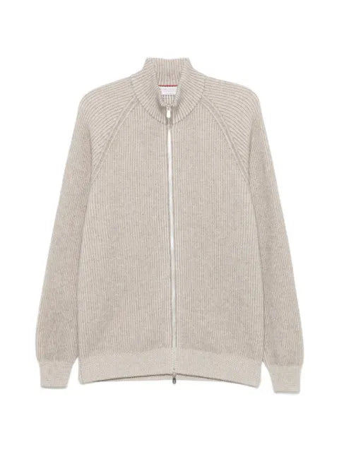 Brunello Cucinelli cashmere vanisé English Rib high-neck cardigan with zipper