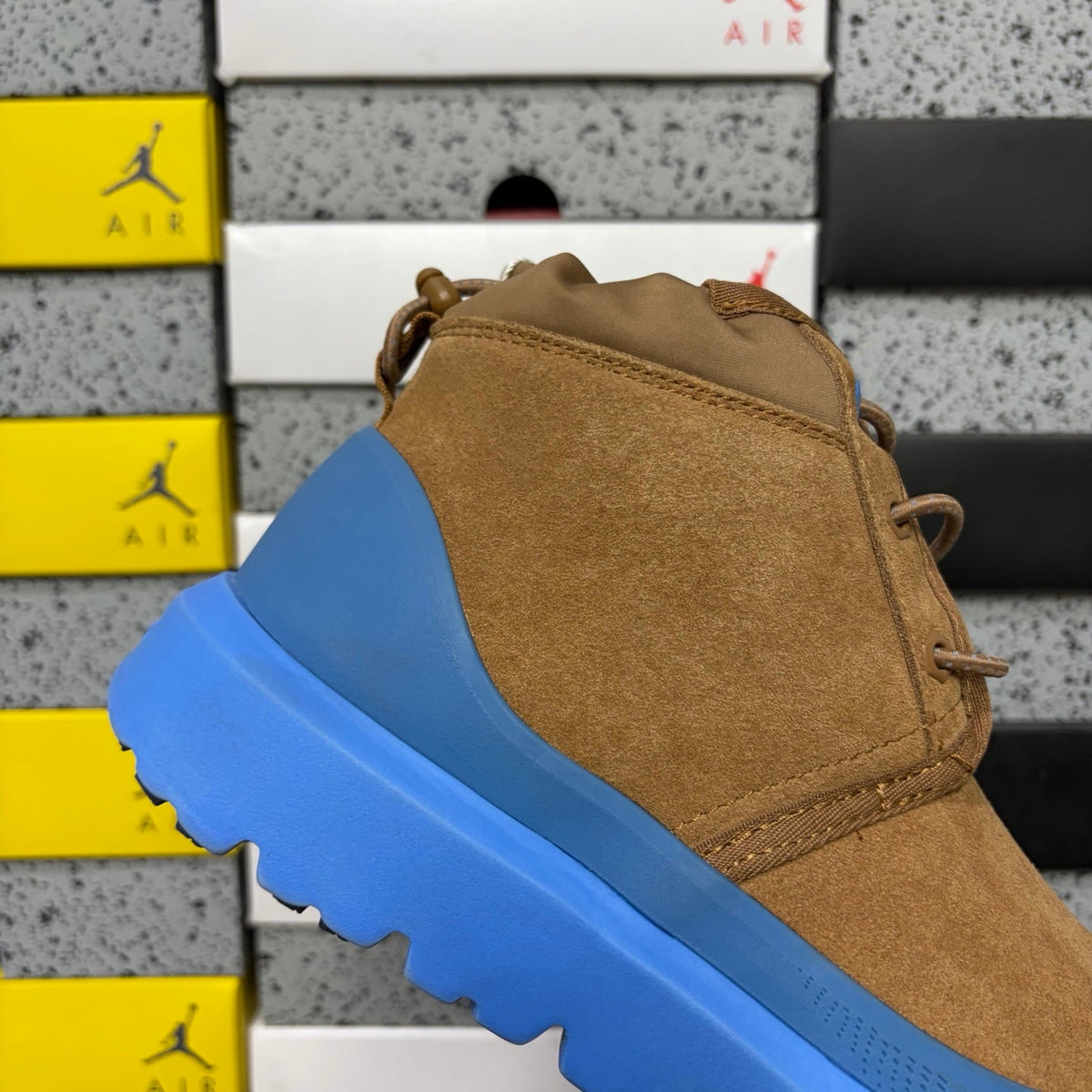 UGG Lace-Up Hiker Chukka Boot – Suede Boot with Blue Lug Sole, Knit Collar & Blue Eyelets in Tan