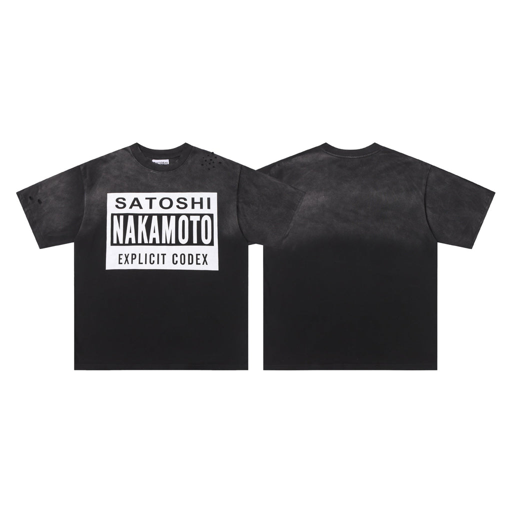 Satoshi Nakamoto Letter Graphic Washed Crew Neck Short Sleeve T-Shirt