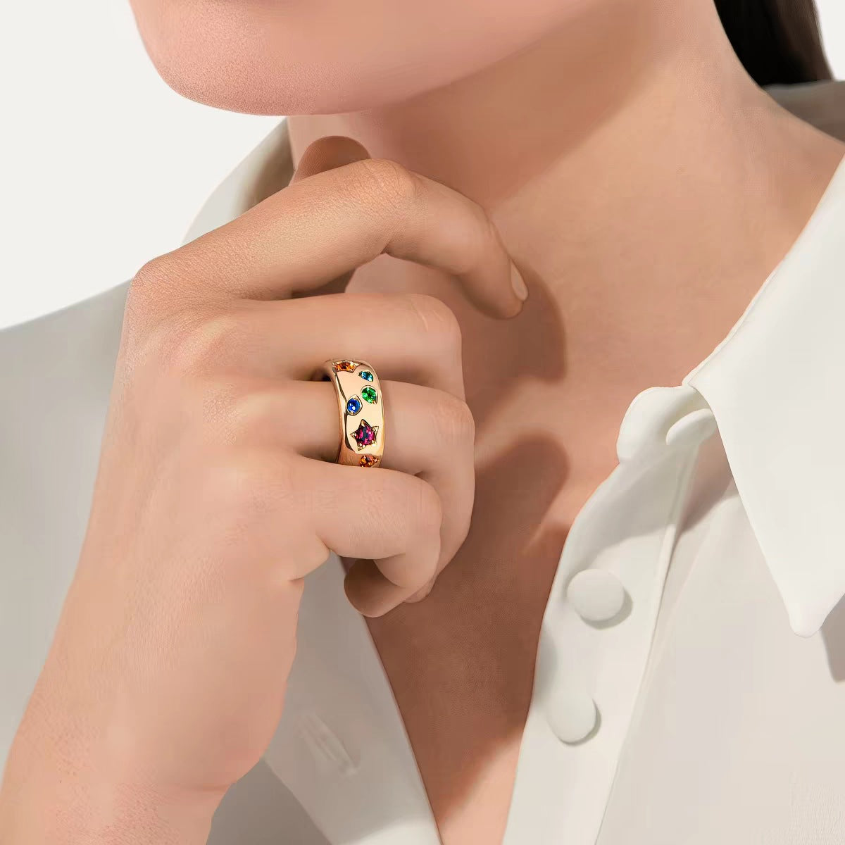 Pomellato Style Multicolor Stone Cubic Zirconia 18K Gold-Plated Ring