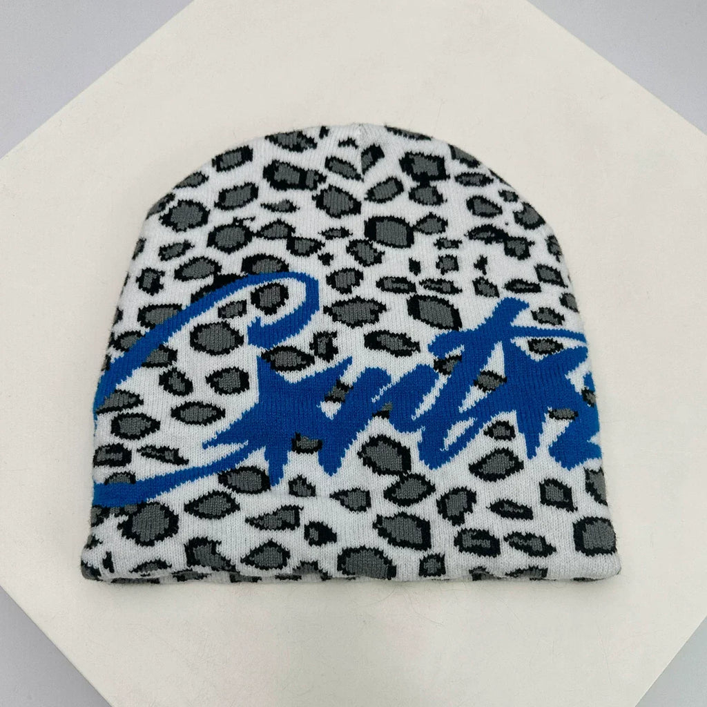 Corteiz Script Leopard Print Knit Beanie – Tan / White / Blue