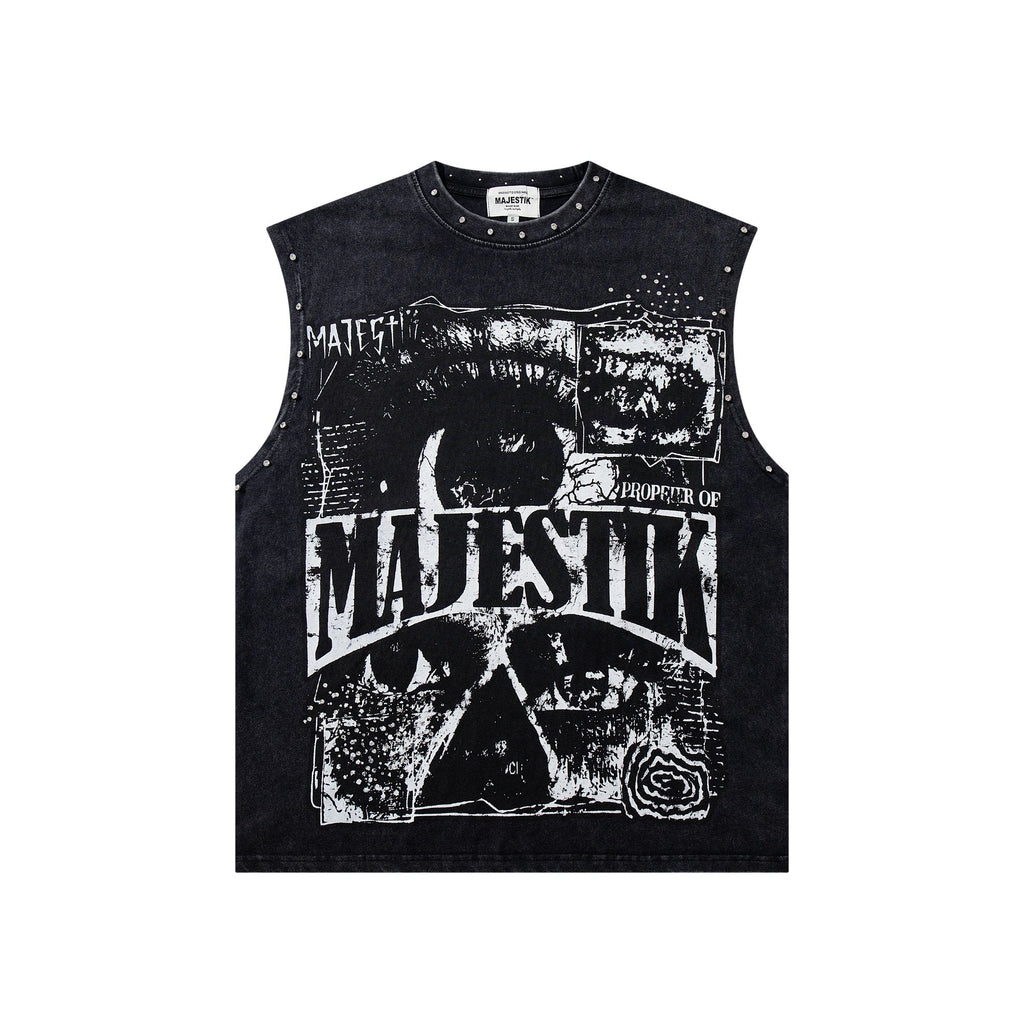 MAJESTIK Washed Black Studded Sleeveless T-Shirt