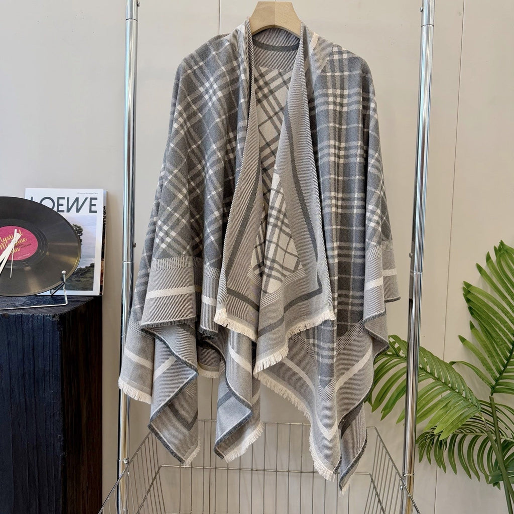Burberry Style Reversible Plaid Cape Shawl