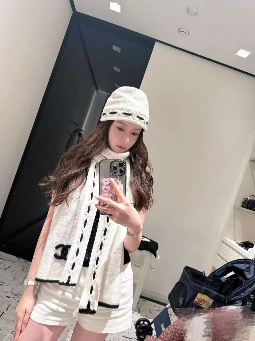 Chanel Style Contrast-Stitch Knit Scarf