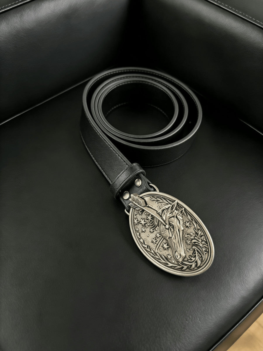 Missing In Action Leather Belt White Copper Horsehead Buckle Waist