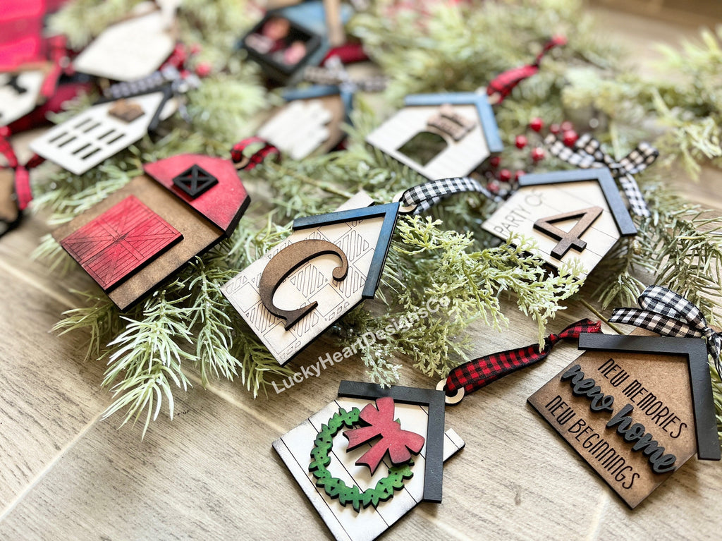 Christmas Houses Ornament File SVG, Glowforge Shiplap Farmhouse, LuckyHeartDesignsCo