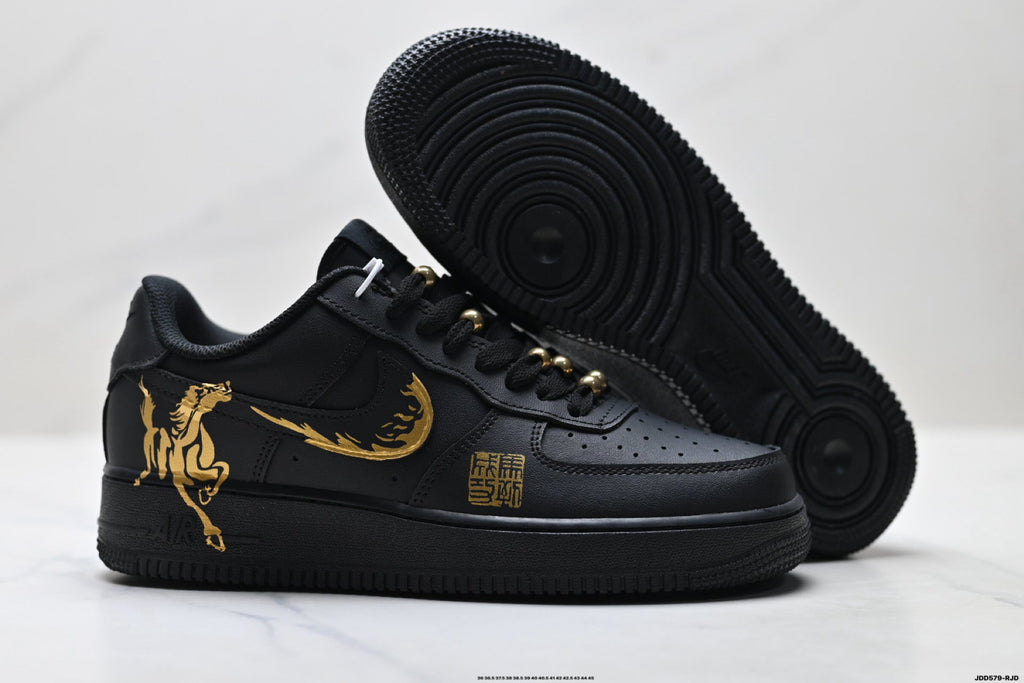 Nike Air Force 1 Low Black Gold Graphic Unisex Sneakers Style 14