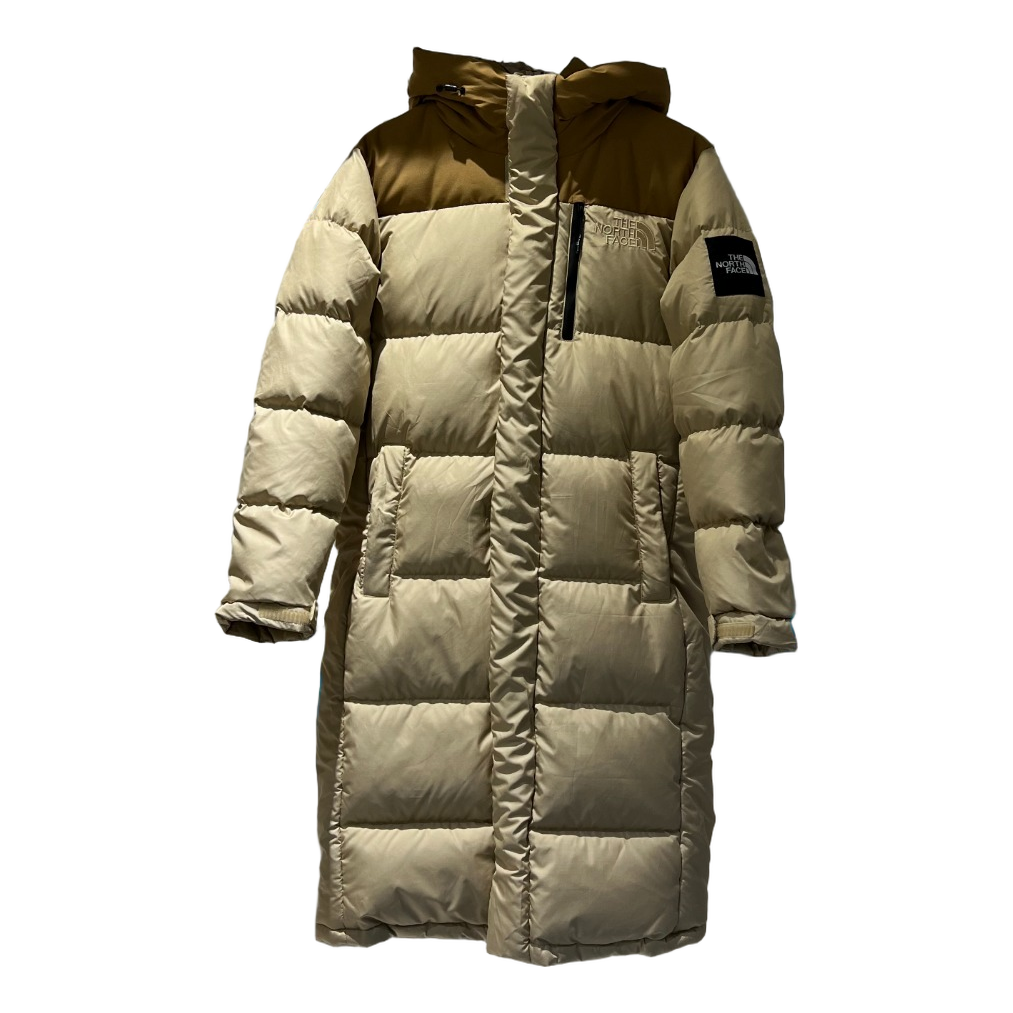 The North Face Color-Block Hooded Long Puffer Coat in Tan