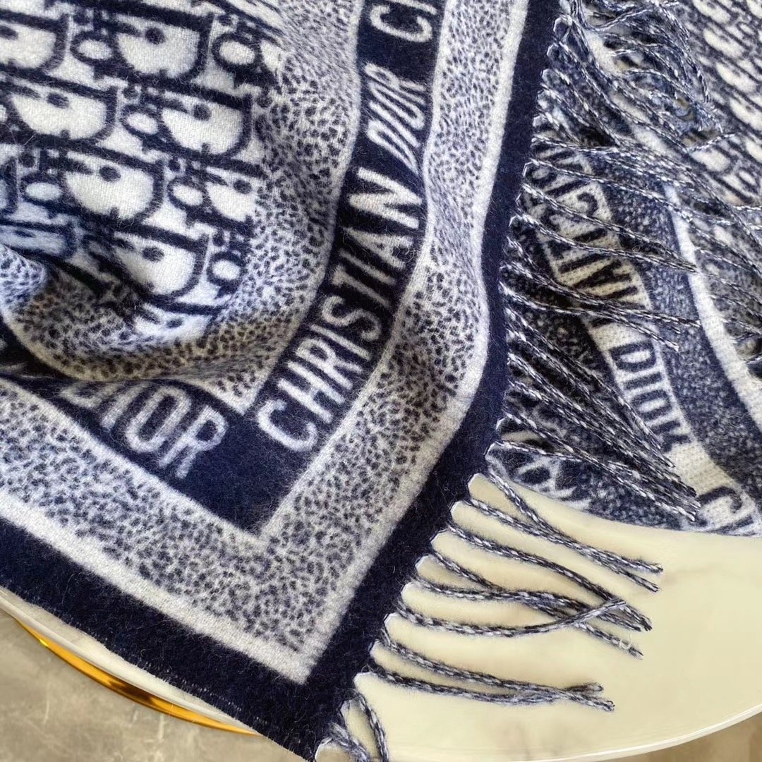 Dior Navy Blue & Ivory Fringed Scarf