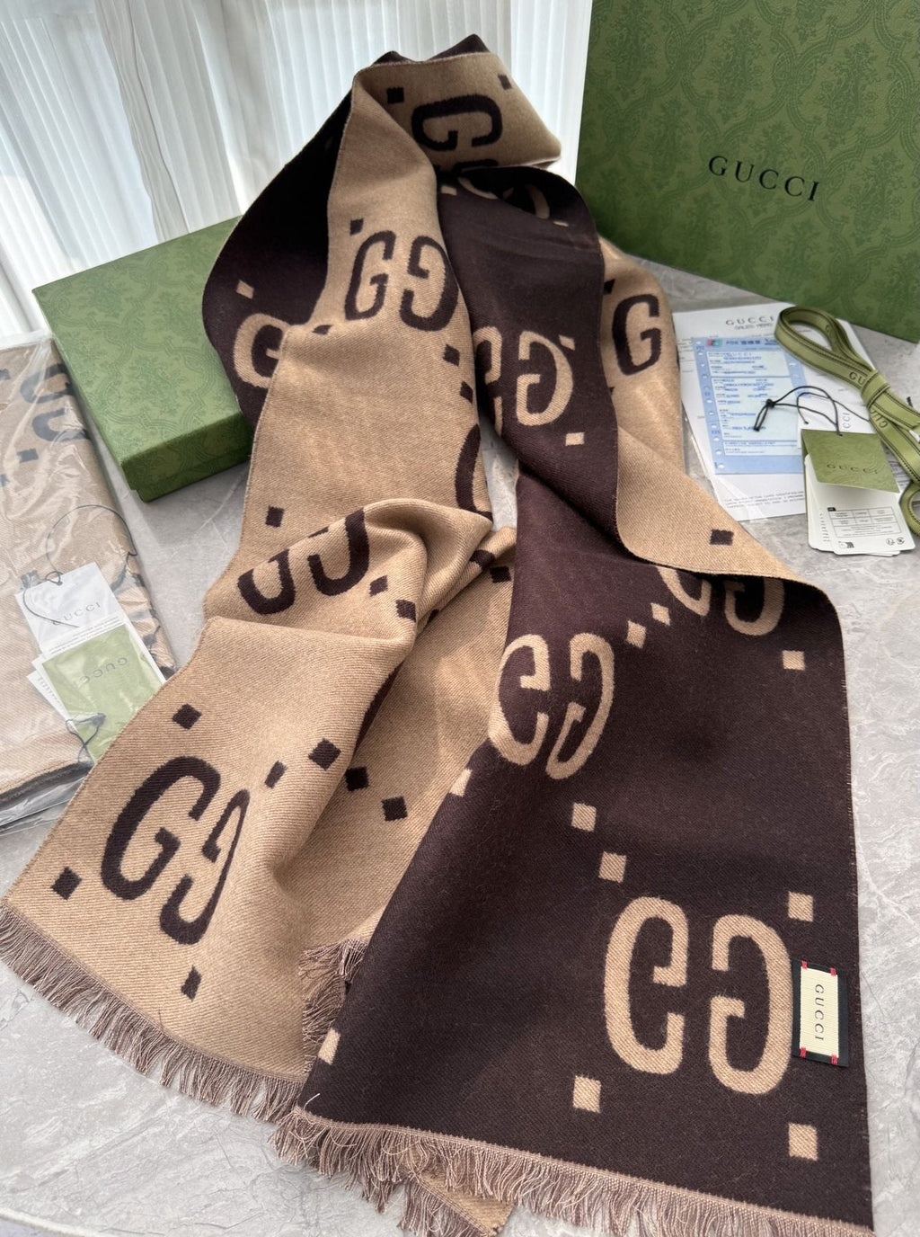 Gucci Dark Brown & Beige Fringed Scarf