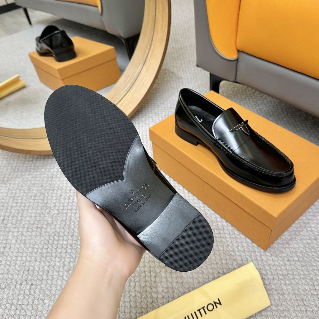 Louis Vuitton Men's Black Leather Loafers - Slip-On Design
