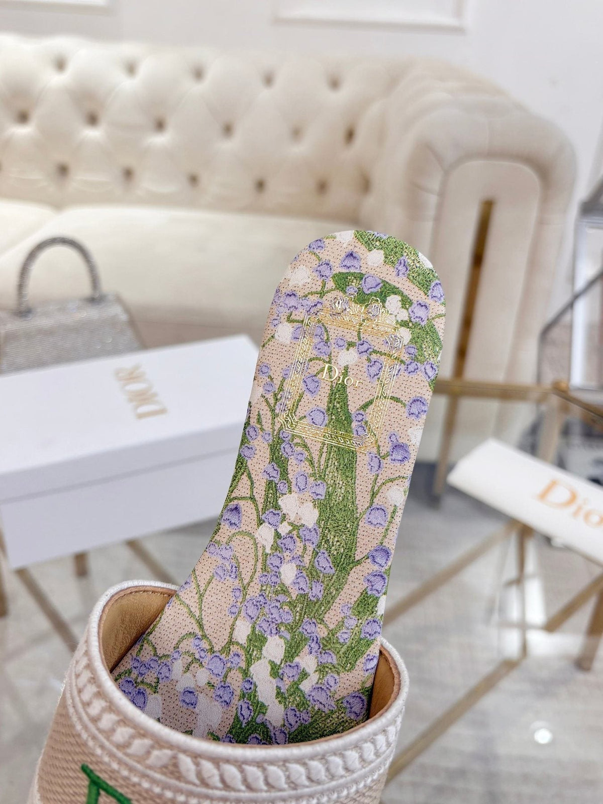 Dior Beige Floral Embroidered Slide Sandals