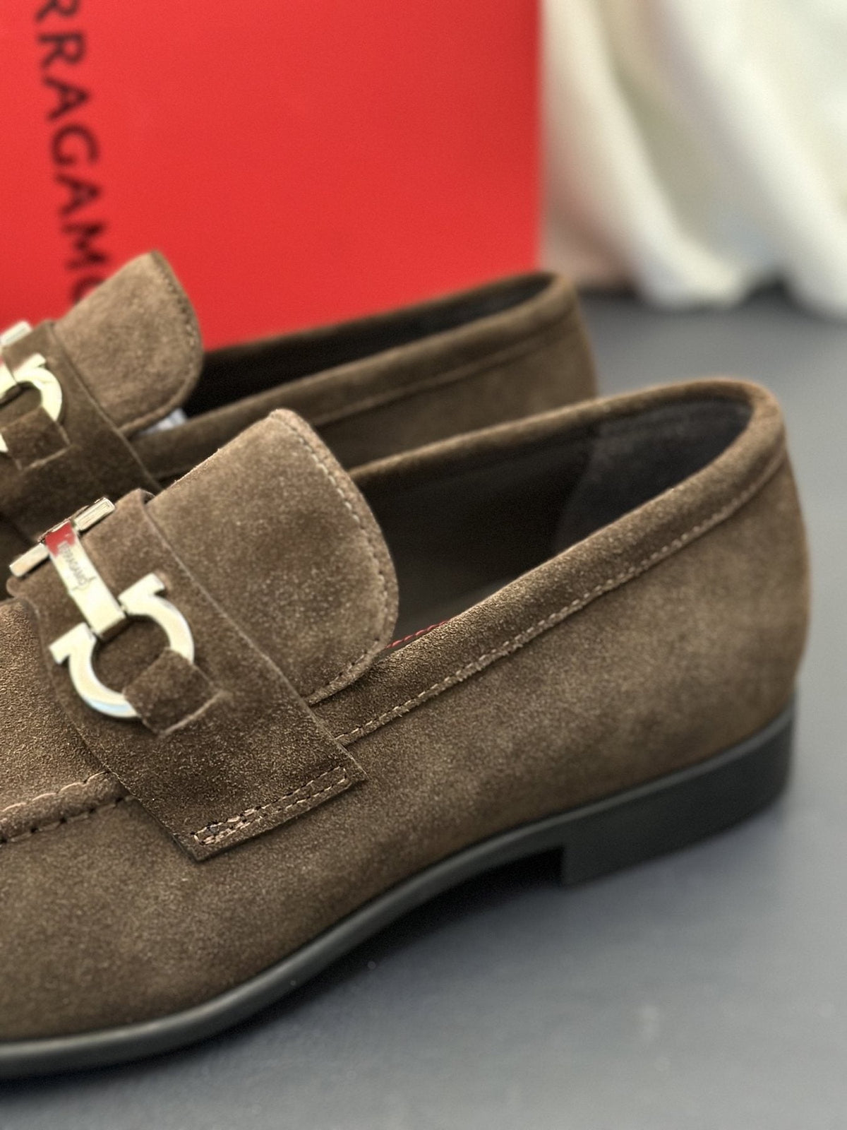 Ferragamo Brown Metal-Detail Loafers