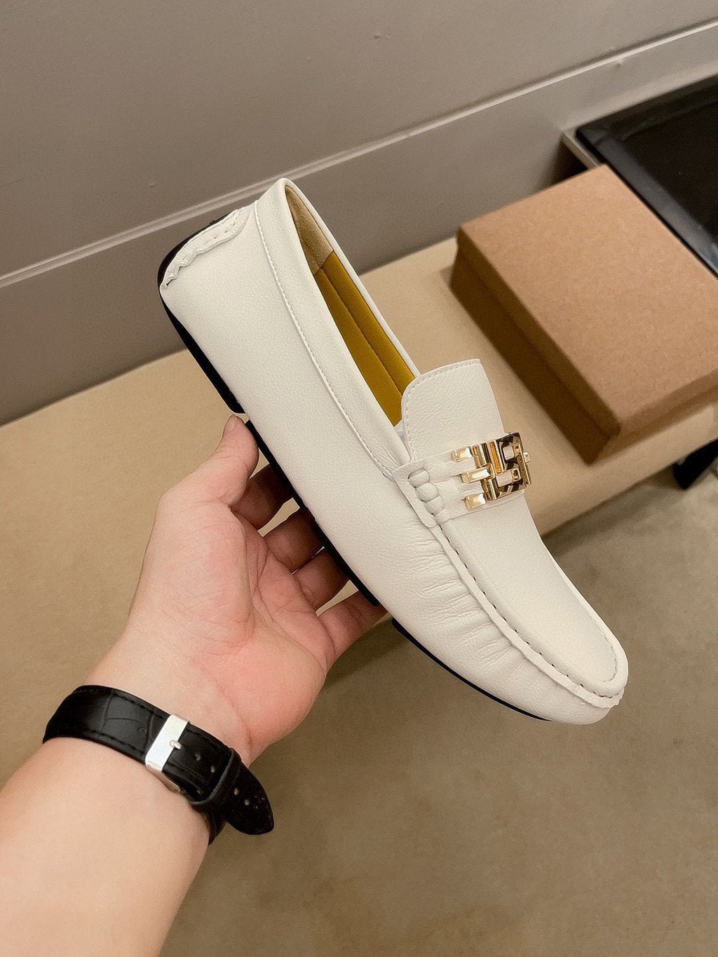 Versace Cream White Gold-Tone Loafers