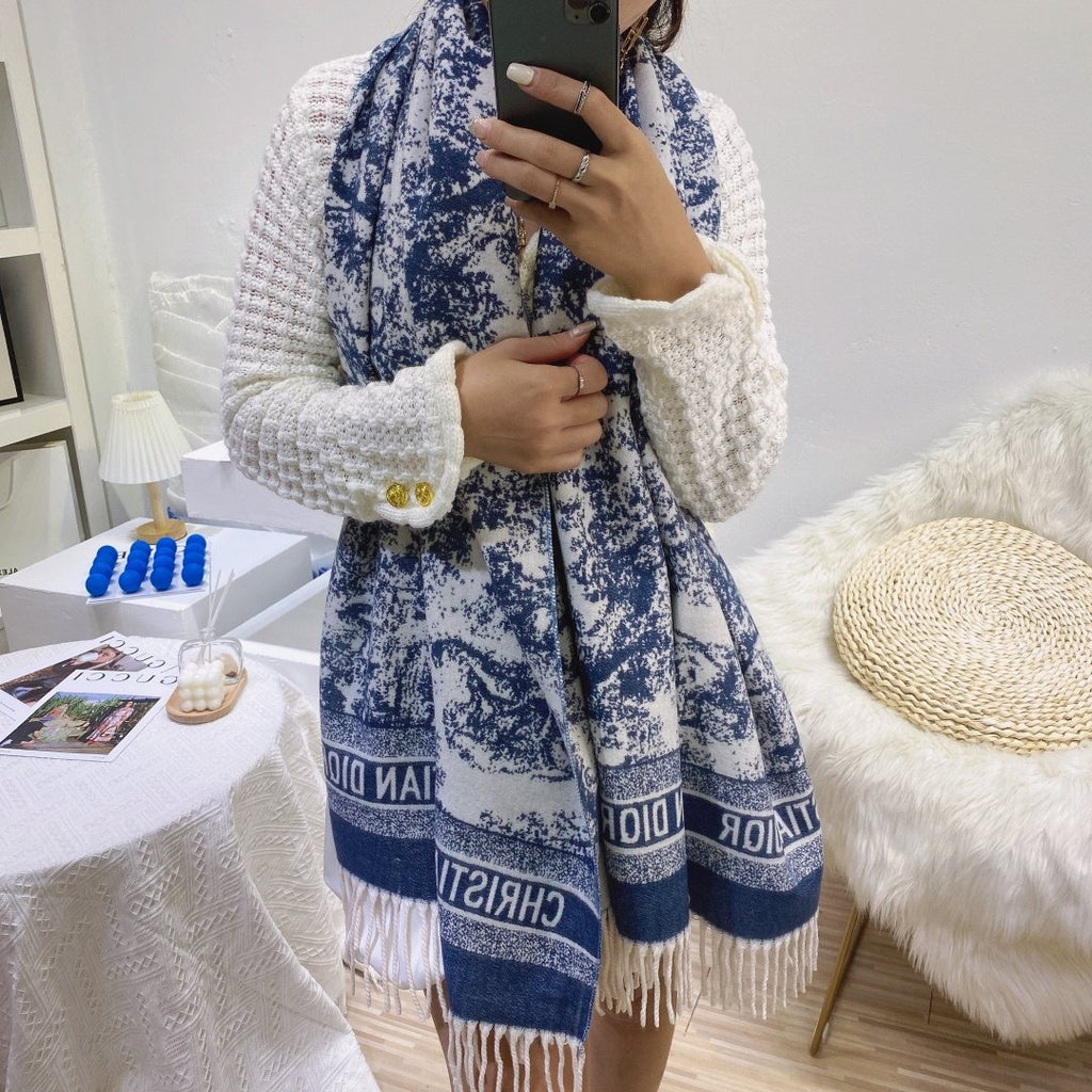Dior Blue & White Toile Fringed Scarf