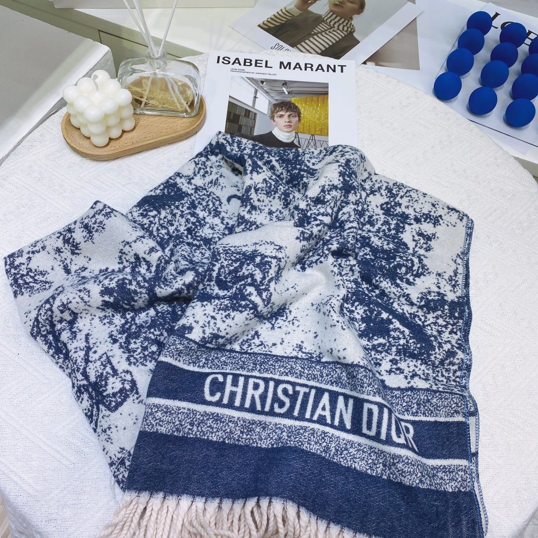 Dior Blue & White Toile Fringed Scarf