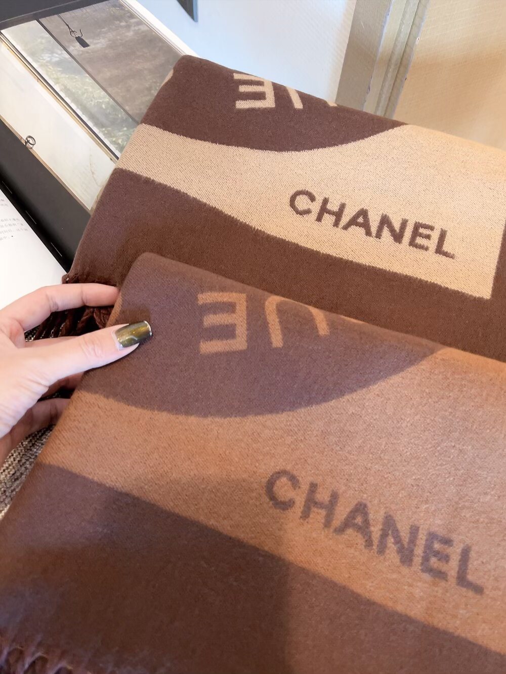 Chanel Brown Beige Fringed Scarf