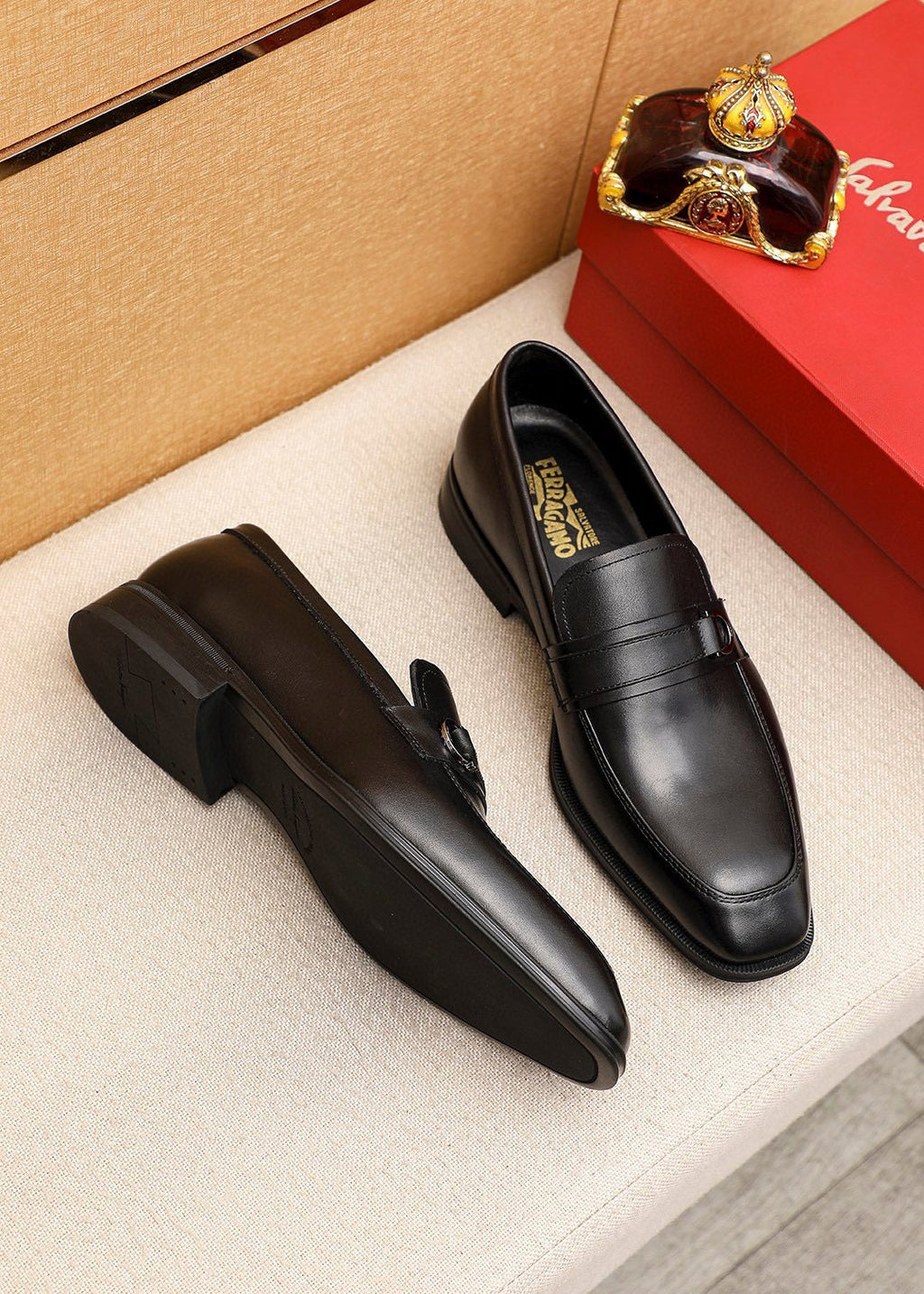 Ferragamo Men's Black Buckle Loafers - Vamp Strap With Metal Buckle Detail
