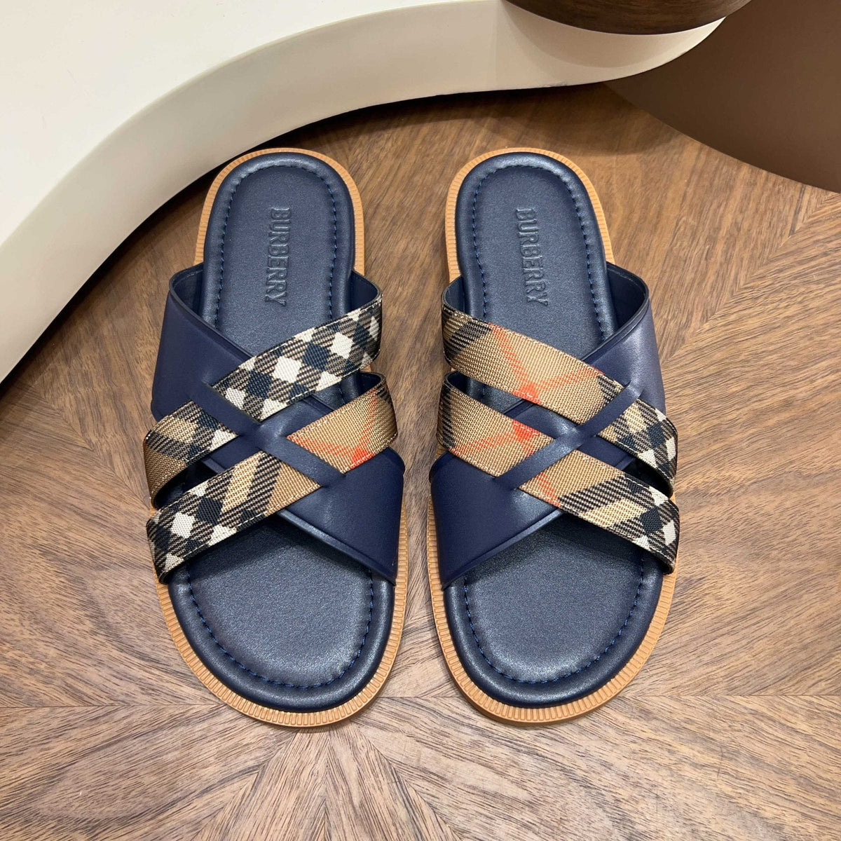 Burberry Plaid Cross-Strap Slide Sandals - Contoured Footbed