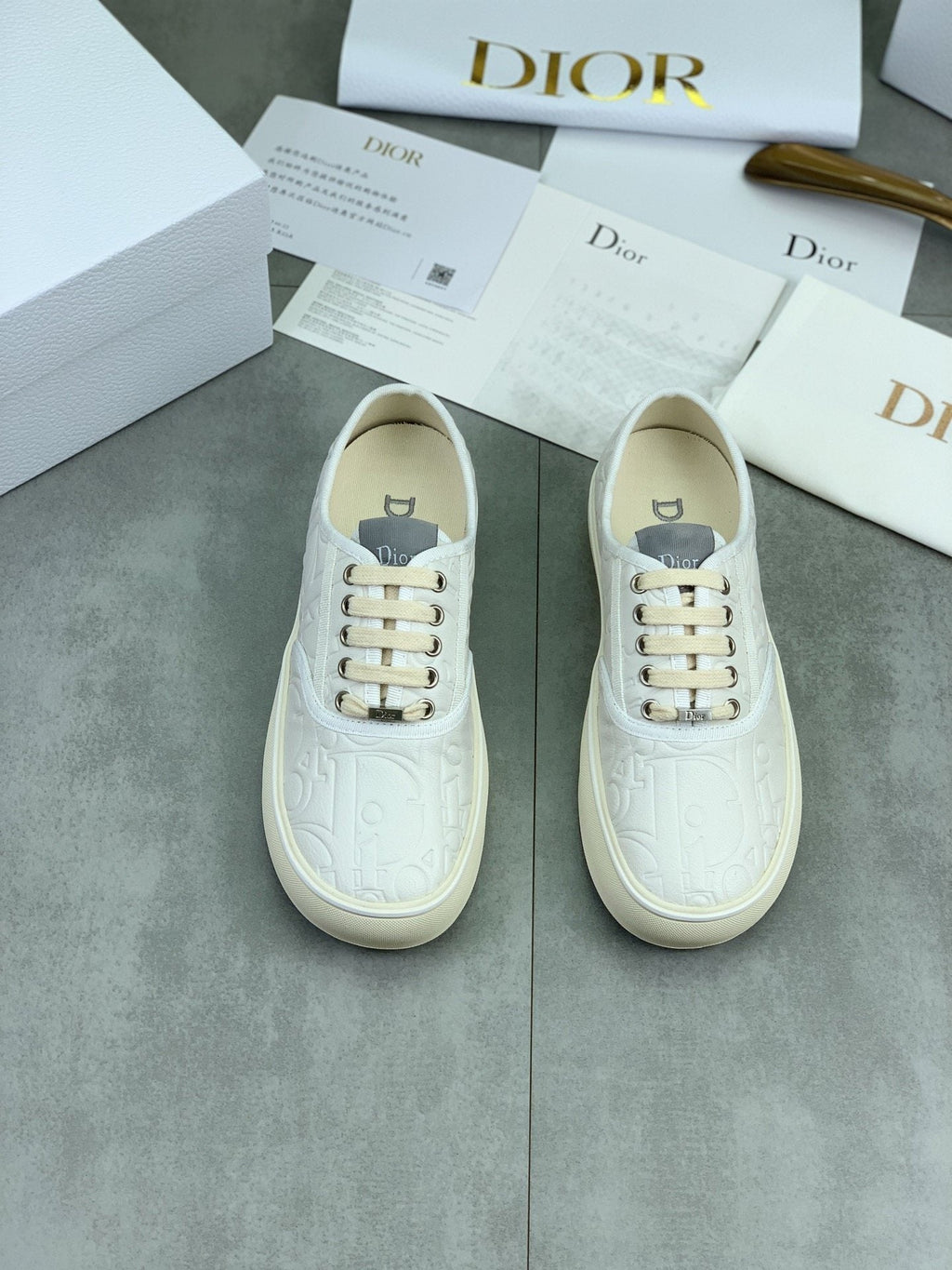 Dior White Embossed Low-Top Sneakers