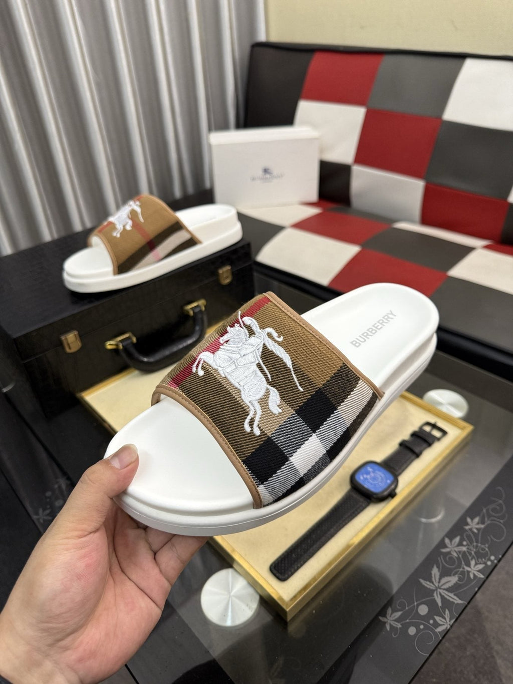 Burberry Plaid Horse Motif Slide Sandals