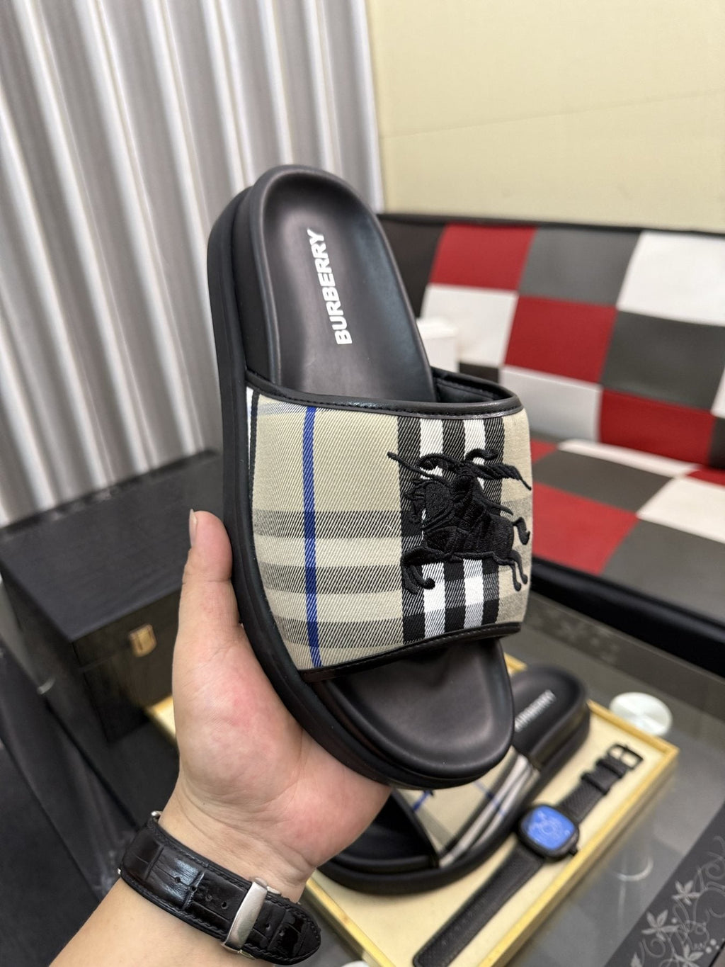 Burberry Plaid Horse Motif Slide Sandals