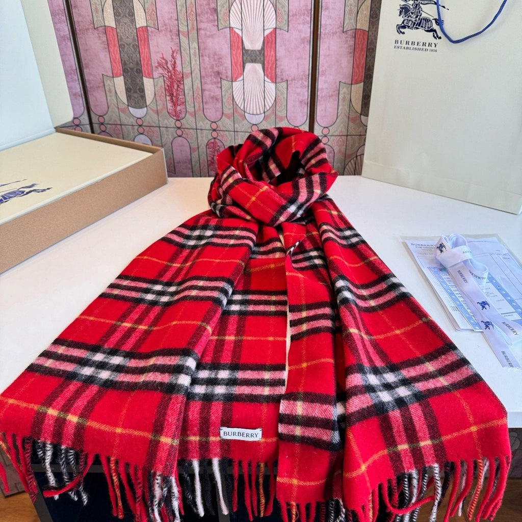 Burberry Red Plaid Fringed Scarf