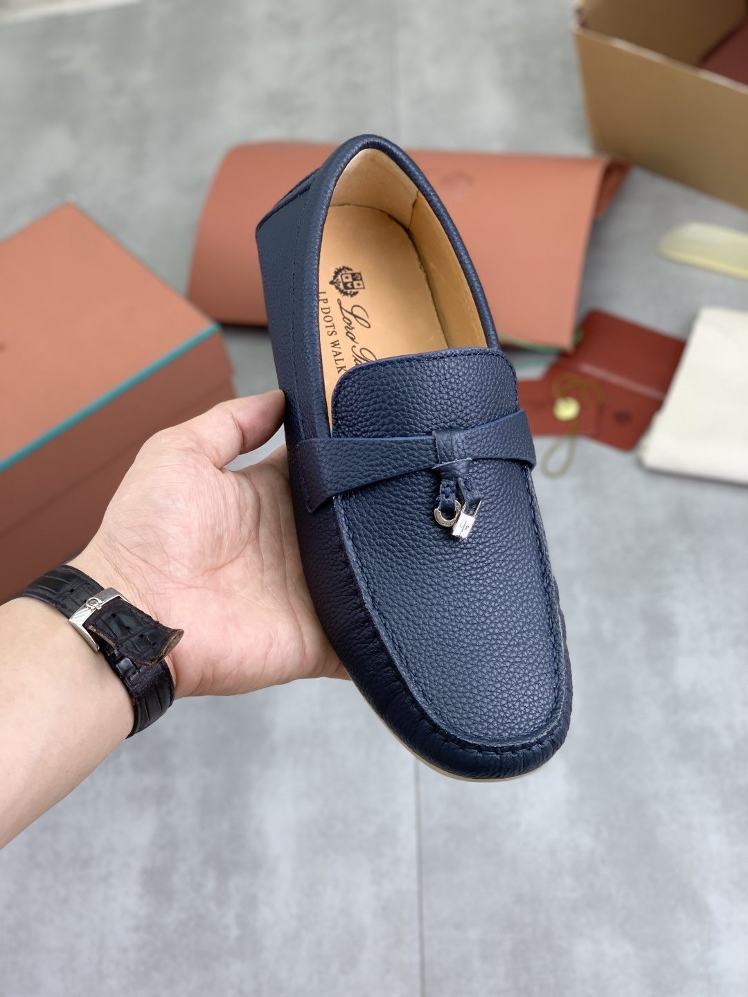 Loro Piana Dark Navy Blue Moc-Toe Loafers