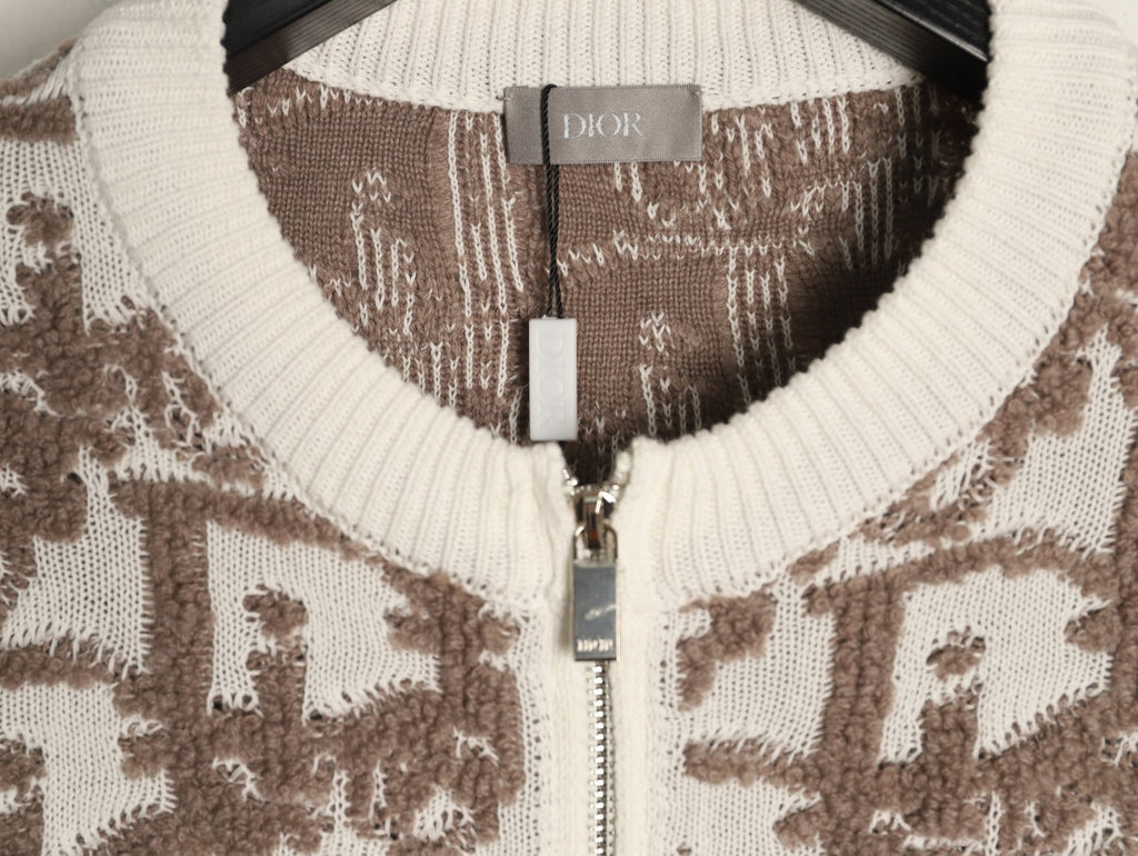 Dior CD Oblique Pattern Zip-Front Knit Cardigan - Beige